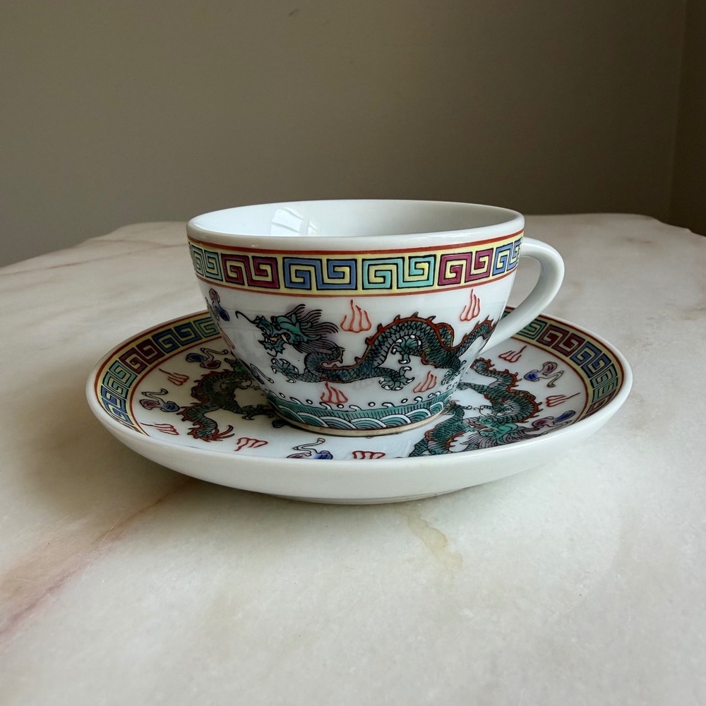 Vintage Chinese Porcelain Dragon Tea Cup and Saucer Set Jingdezhen Made in China